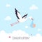 Baby shower congratulations printable card. Cartoon stork bring cute newborn baby. Flying bird and child, boy or girl