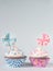 Baby shower cupcake for a girl and a boy. Newborn announcement concept. Text space