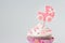 Baby shower cupcake for a girl, close up. Newborn announcement concept. Text space