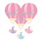 Baby shower, cute babies flying in hot air balloons, celebration welcome newborn