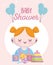 Baby shower, cute little girl with blocks candy and pyramid cartoon, announce newborn welcome card