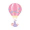 Baby shower, flying little boy with purple blanket air balloon, celebration welcome newborn