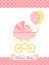 Baby Shower girl card. Vector illustration. Pink greeting postcard.