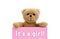 Baby shower girl: itÂ´s a girl message written pink card with brown teddy bear holding with the two hands the note with the