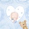 Baby shower greeting card. Baby boy with teddy, Love background for children. Baptism invitation. Newborn card design.