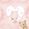 Baby shower greeting card.Baby girl with teddy,Love background for children.Baptism invitation. Newborn card design.