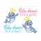 Baby shower greeting card with boy and girl narwhal prince and princess with crown. It`s a boy text with character. It`s