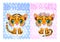 Baby Shower greeting card with Cute boy and girl. Cartoon tiger with expressive eyes. Wild animals, character, childish