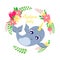 Baby shower greeting or invitation card with newborn baby cute animal. Newborn invitation card with cute narwhal