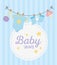 Baby shower, hanging socks bodysuit pacifier and rattle round label background