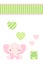 Baby shower - happy pink elephant and green frog celebrate love under heart and ribbon