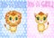 baby shower invitation for boy and girl.Blue and pink chevron background with Cute cartoon lion and lioness with big