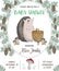 Baby shower invitation with hedgehog, basket, mushrooms, cones and spruce