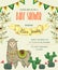 Baby shower invitation with llama animal, cacti and floral elements..