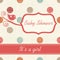 Baby shower invitation. Pink and cream colors. Vintage frame with bird on a polka dot background.