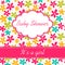 Baby shower invitation. White, hot pink and azure colors. Vintage frame with soother icon on a flower background