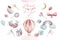Baby shower kid swan watercolor girl design cartoon elements. Set of baby pink birthday balloon toy dress illustration