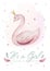 Baby shower kid swan watercolor girl design cartoon elements. Set of baby pink birthday illustration. Newborn party
