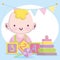 Baby shower, little boy with blocks candy and pyramid cartoon, announce newborn welcome card