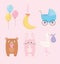 Baby shower, pink rabbit teddy bear pram stork balloons and moon icons