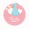 Baby shower, white bunny in blanket, welcome newborn celebration dotted background label