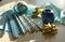 Baby showers decor. Blue and golden color concept for gender reveal party, newborn baby, boy's birthday.