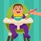 The baby sits on the feeding chair and eats happily. Hand with a spoon. Vector illustration.