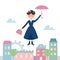 Baby Sitter Mary Poppins Flying Over the Town. Vector Illustration