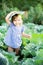 Baby sitting in cabbage plant. Cute little girl on cabbage field