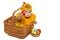 Baby sitting in Easter basket in chicken costume with Easter eggs