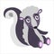 Baby skunk sitting and smiling isolated. Black, violet grey and pink. Flat cartoon style. Cute and funny. Animal character.