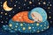 Baby sleeps under starry sky and moon, World Sleep Day