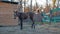 Baby stallion, walks next to his mother with a horse.Animal care. Concept summer of horses and people.