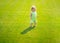 Baby standing barefoot on the green lawn. Little boy playing in the summer park. Happy childhood and child healthcare.