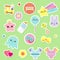 Baby stickers. Kids, children design elements for scrapbook. Decorative vector icons with toys, clothes, sun and other cute newbor