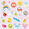 Baby stickers. Kids, children design elements for scrapbook. Decorative vector icons with toys, clothes, sun and other cute newbor