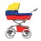 Baby stroller with Columbian flag texture, 3D rendering