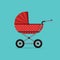 Baby stroller red isolated on blue background. Children pram, baby carriage
