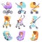 Baby strollers. Cute multiethnic children in buggies and car seats, kids walk transport, little boys and girls carriages