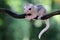 A baby sugar glider is crawling on the trunk of a vine.