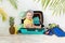 Baby in a suitcase with summer things for vacation, travel and summer concept
