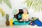 Baby in a suitcase with summer things for vacation, travel and summer concept