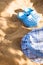 Baby summer beachwear, flip flops, hat on sand beach