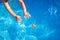 Baby swims in a pool trying to reach a toy in the water, top view in summer