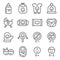 Baby symbol icon set vector illustration. Contains such icon as Baby accessories, Infant, Toy, Stroller, Diapers, pyjamas and more