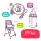 Baby tableware, high feeding chair and milk bottle - vector line