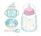Baby tableware set. dishes and cutlery. bottle of milk, bowl, spoon, cup and glass