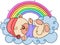 Baby teddy bear lying on clouds with rainbow