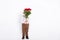 Baby toddler boy holding bouquet of red roses in suit on white background. faceless
