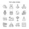 Baby toy line icon set. Vector collection with duck, bear, car, robot, horse, ball, rattle, drum
